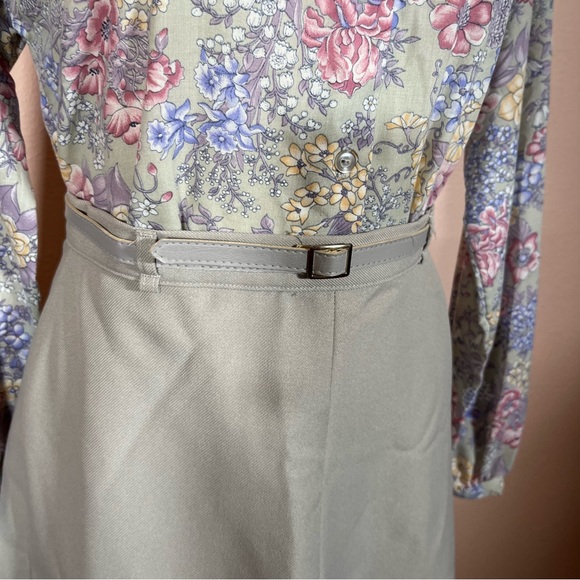 Vintage 70 80 Retro Victorian pastel floral Prairie Grey High waist Skirt set - Picture 4 of 17